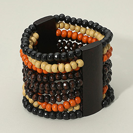 Multi Color Wood Beaded Wide Stretch Statement Bracelet