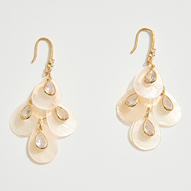 14K Gold Dipped Teardrop CZ Stone Accent Mother of Pearl Shell Chandelier Earrings