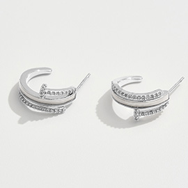 White Gold Dipped CZ Stone Paved Nail Head Mother of Pearl Inlay Mini Hoop Earrings