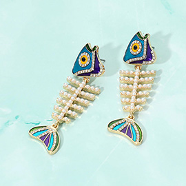 Pearl Embellished Enamel Fish Skeleton Earrings