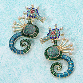 Pearl Rhinestone Embellished Seahorse Statement Earrings