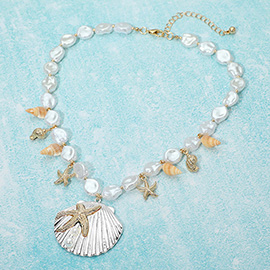 Two Tone Starfish Embossed Seashell Pendant Charm Embellished Pearl Beaded Necklace