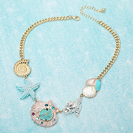 Pearl Studded Starfish Seashell Charm Link Statement Necklace
