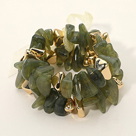 2PCS - Chunky Marbled Resin Metal Beaded Stretch Multi Layered Bracelets