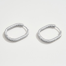 White Gold Dipped CZ Stone Paved Square Huggie Hoop Earrings