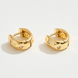 14K Gold Dipped CZ Stone Paved Hammered Mini Huggie Hoop Earrings