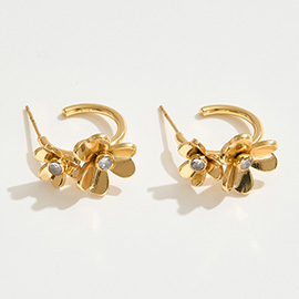 14K Gold Dipped CZ Stone Accent Dual Flower Hoop Earrings