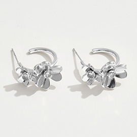 White Gold Dipped CZ Stone Accent Dual Flower Hoop Earrings