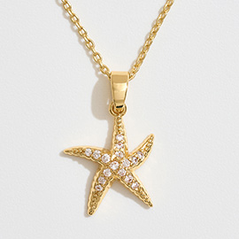 14K Gold Dipped CZ Stone Paved Starfish Pendant Necklace
