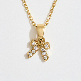 14K Gold Dipped CZ Stone Paved Bow Pendant Necklace