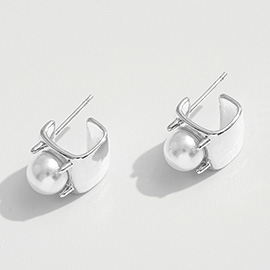 White Gold Dipped Pearl Accent Geometric Earrings