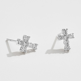 White Gold Dipped CZ Stone Cross Mini Stud Earrings