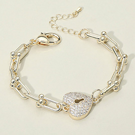 14K Gold Plated CZ Stone Paved Heart Lock Charm Accent Chunky Industrial Chain Link Bracelet