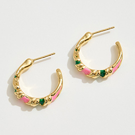 14K Gold Dipped Twist Enamel Detail Open Hoop Earrings