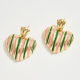 14K Gold Dipped Enamel Striped Heart Dangle Earrings
