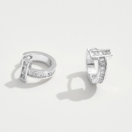 White Gold Dipped CZ Stone Inlay T-bar Mini Huggie Hoop Earrings