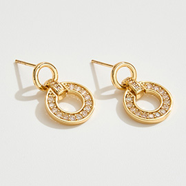 14K Gold Dipped CZ Stone Paved Hoop Link Drop Earrings