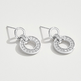 White Gold Dipped CZ Stone Paved Hoop Link Drop Earrings