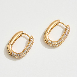 14K Gold Dipped CZ Stone Paved Oval Huggie Hoop Earrings
