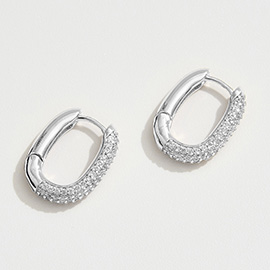White Gold Dipped CZ Stone Paved Oval Huggie Hoop Earrings