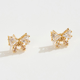 14K Gold Dipped CZ Stone Mini Bow Stud Earrings