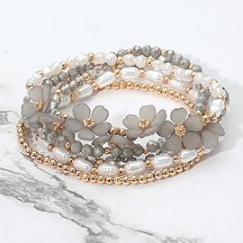 5PCS - Floral Pearl Faceted Beaded Stretch Multi Layered Bracelets