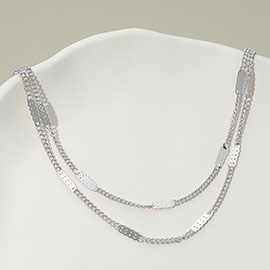 Silver Dipped Layered Flat Disc Accent Curb Chain Necklace