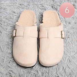 Solid Faux Fur Suede Buckle Mule Clog Slippers