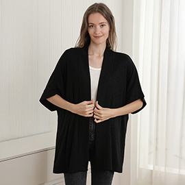 Solid Color Knit Ribbed Open Front Cardigan with Pockets