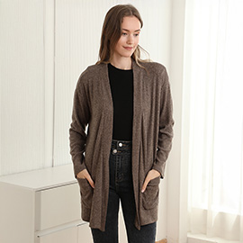 Solid Color Knit Ribbed Open Front Cardigan with Pockets