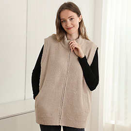Cozy Solid Oversized Zipper Front Pocket Sweater Vest