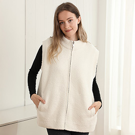 Cozy Solid Oversized Zipper Front Pocket Sweater Vest