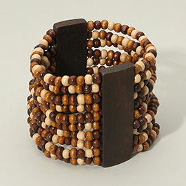 Wide Wooden Bar Accent Beaded Stretch Statement Bracelet