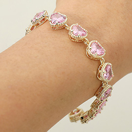 14K Gold Plated CZ Heart Stone Cluster Link Toggle Bracelet