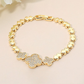 Triple CZ Stone Paved Quatrefoil Link Beaded Bracelet