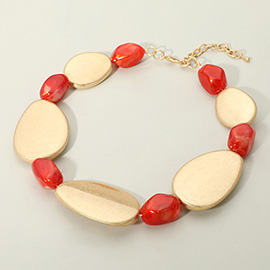 Bold Brushed Metal Plate Marbled Pebble Beaded Statement Necklace