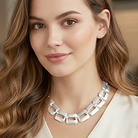 Bold Geometric Brushed Metal Square Link Statement Necklace