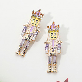 Stone Embellished Pearl Pointed Enamel Nutcracker Earrings