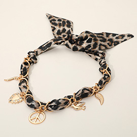 Brushed Metal Peace Heart Angel Wing Bird Charm Station Leopard Print Fabric Scarf Adjustable Necklace