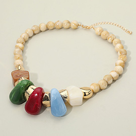 Chunky Marbled Resin Pebble Beaded Statement Necklace