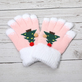Cozy Fuzzy Pom Pom Christmas Tree Accent Winter Gloves