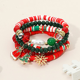 5PCS - Christmas Tree Hat Snowflake Charm Heishi Pearl Faceted Beaded Stretch Multi Layered Bracelets