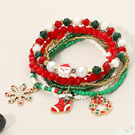 8PCS - Snowflake Christmas Socks Wreath Charm Pearl Santa Faceted Beaded Stretch Multi Layered Bracelets