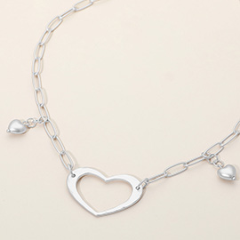 Brushed Metal Open Heart Pendant Bead Charm Paperclip Chain Necklace