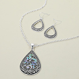 Intricate Scrollwork Abalone Teardrop Pendant Necklace