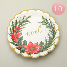 10PCS - NOEL Holiday Wreath Poinsettia Paper Plates