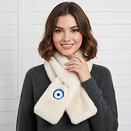 Faux Fur Plush Evil Eye Embroidered Pull Through Scarf