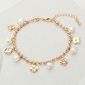Stone Paved Metal Floral Pearl Charm Station Beaded Chain Bracelet