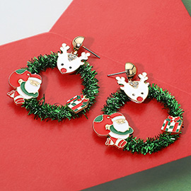 Enamel Reindeer Santa Tinsel Hoop Dangle Earrings
