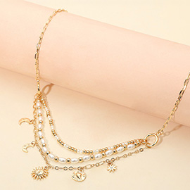 Celestial Charms Station Pearl Chain Multi Layered Necklace
